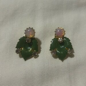 Vintage Rhinestone Signed Hobe Earrings Jelly Opal Green Enamel Leaf Clip On